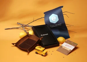 Promotional items including notebook and toy bus