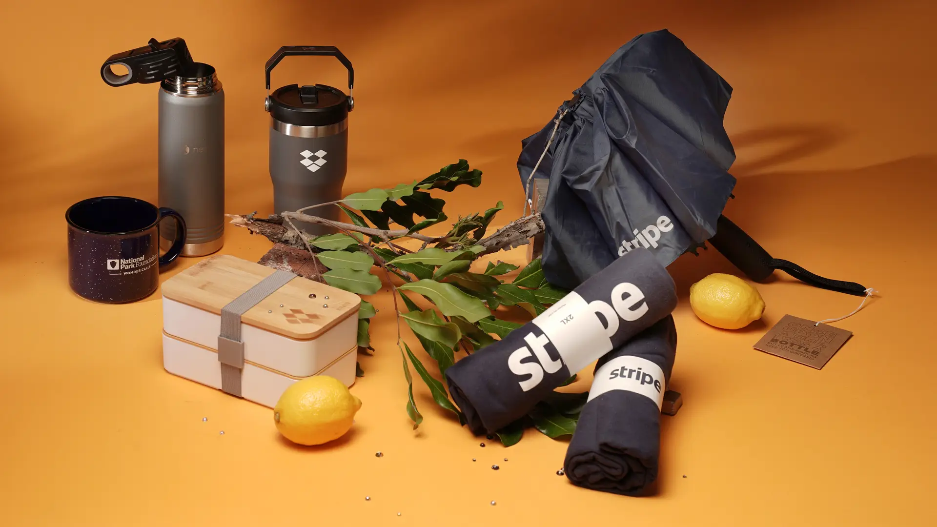 Outdoor-themed corporate swag with branded water bottles