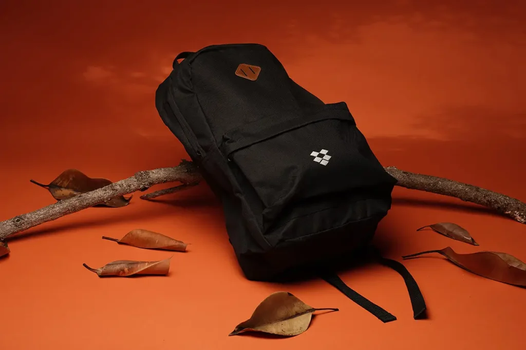 Black backpack displayed with autumn leaves