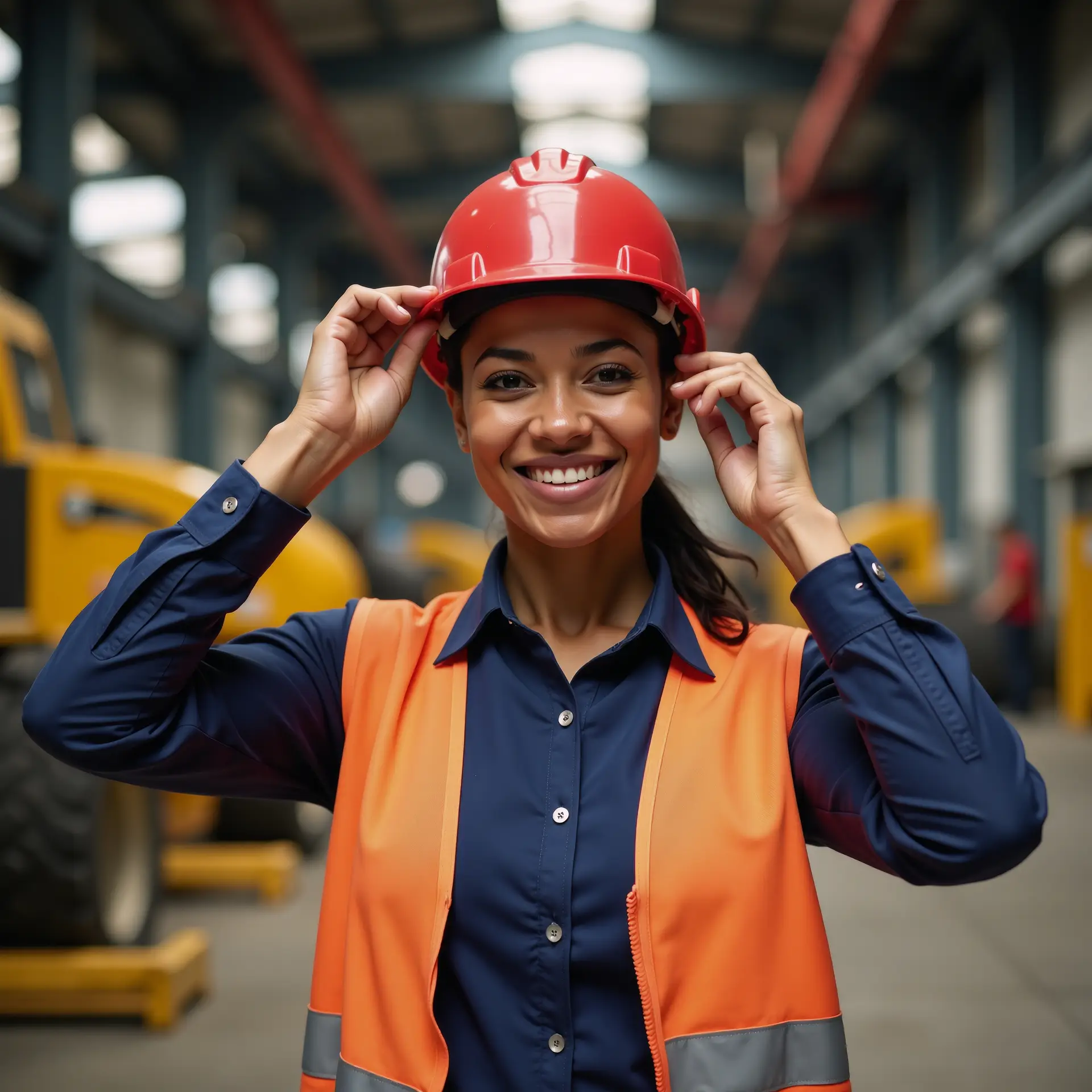 Smiling female worker wearing red hard hat and orange safety vest in industrial warehouse, representing professional corporate employee gifts and custom branded merchandise.