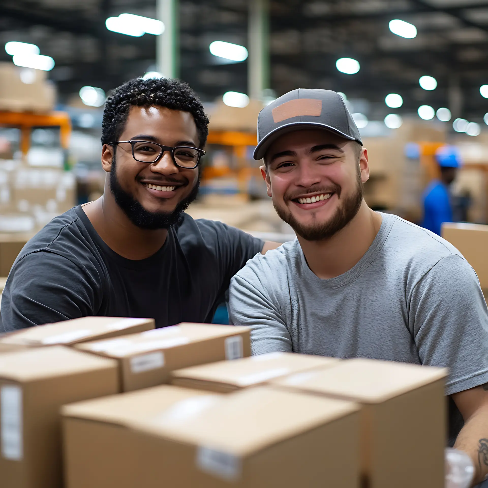 Two smiling warehouse workers packing corporate swag boxes in a busy fulfillment center, showcasing expert kitting and pick and pack services for promotional products and employee gifts.