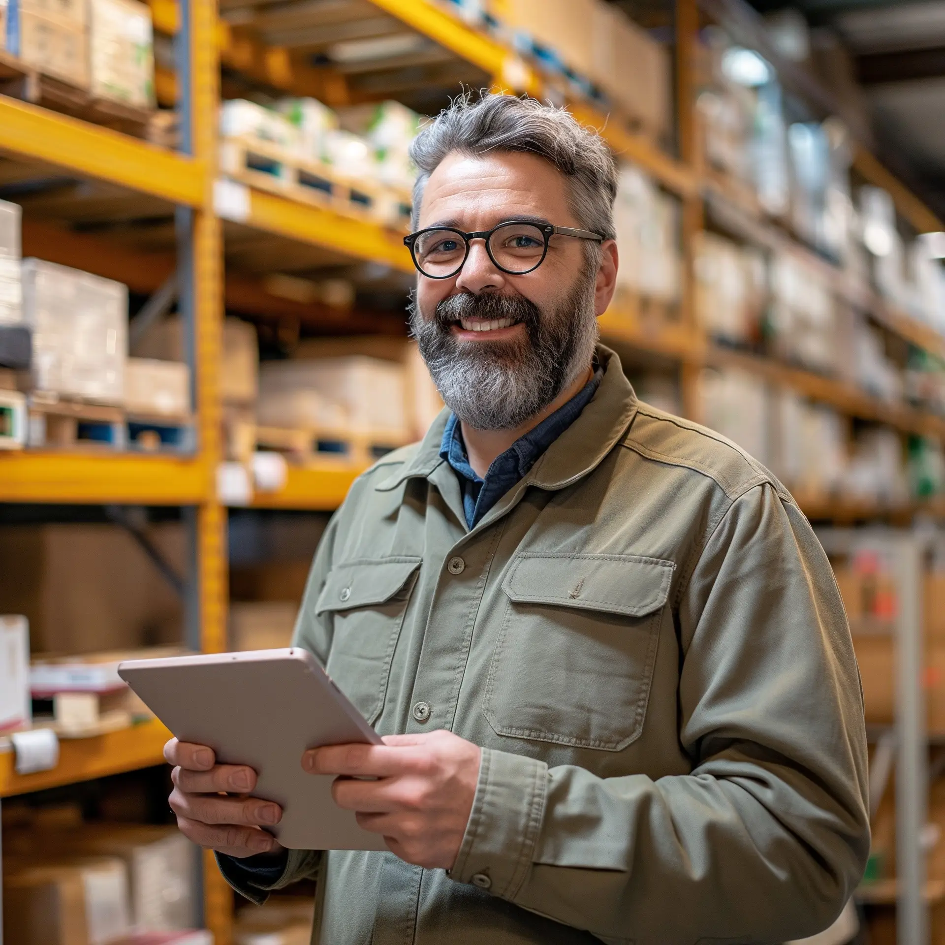 Smiling warehouse manager holding tablet in fulfillment center for corporate swag and promotional products distribution.