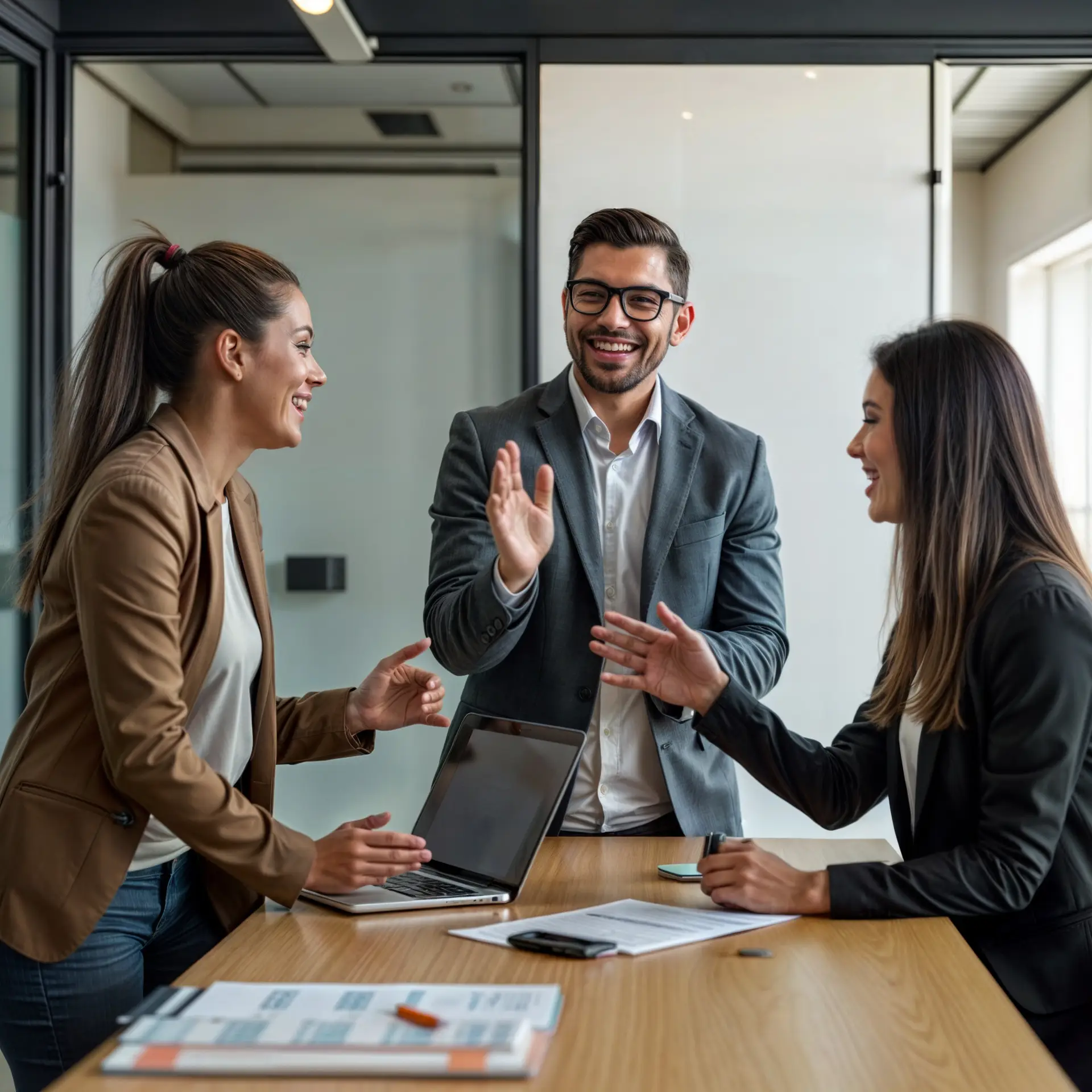 Three diverse professionals collaborating happily around a conference table with laptop and documents, representing corporate teamwork and employee engagement.