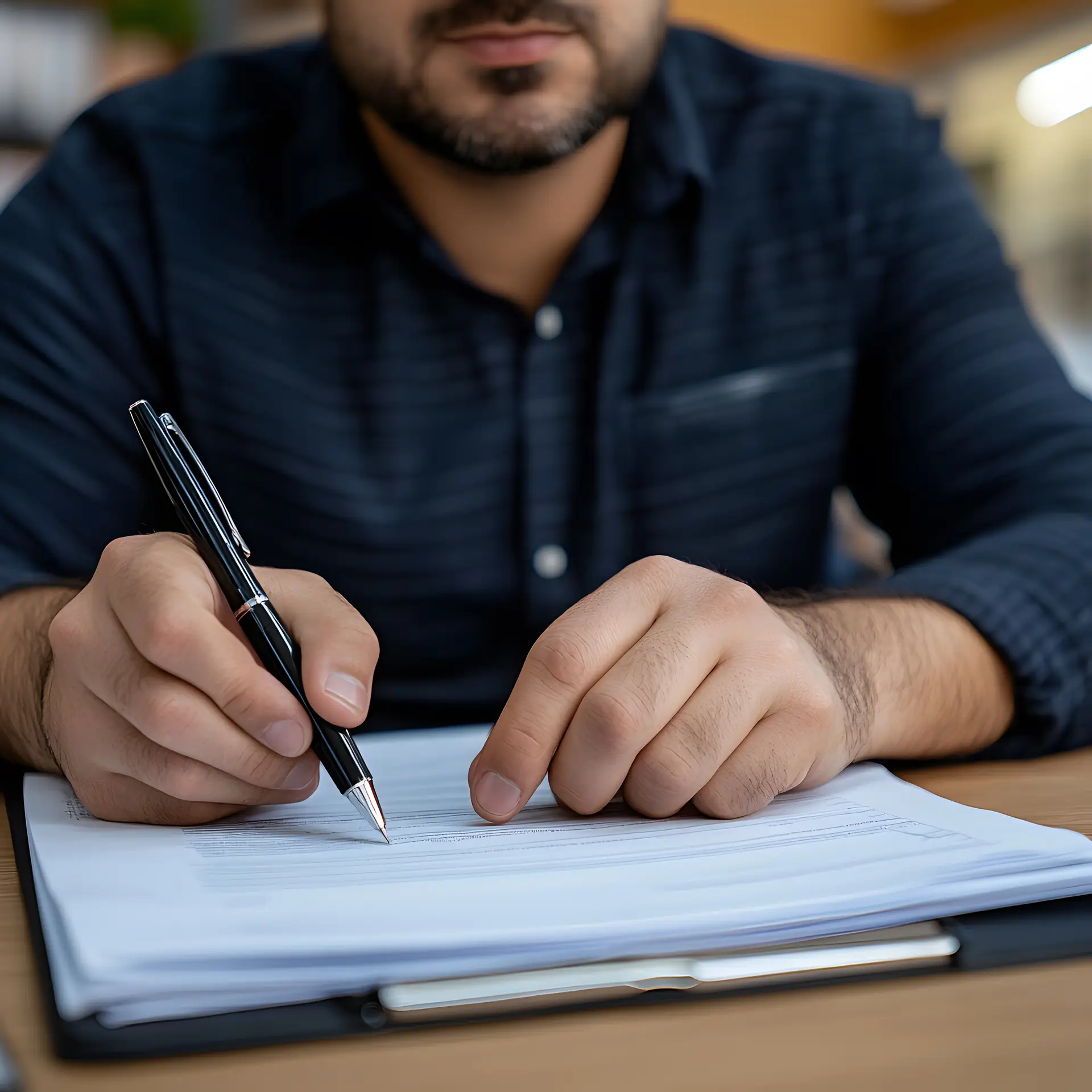 Close-up of a professional man filling out corporate paperwork with a pen, symbolizing business contracts and corporate gifting solutions.