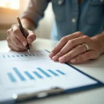 Close-up of a person analyzing business growth charts on a clipboard, symbolizing corporate strategy and data-driven decision making for promotional products and corporate gifting services.