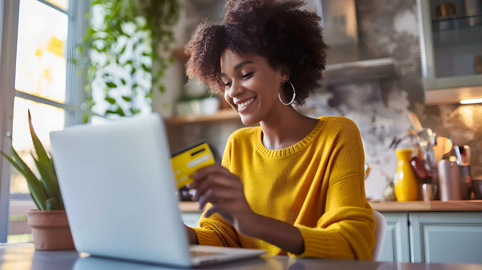 Smiling woman using credit card for online shopping