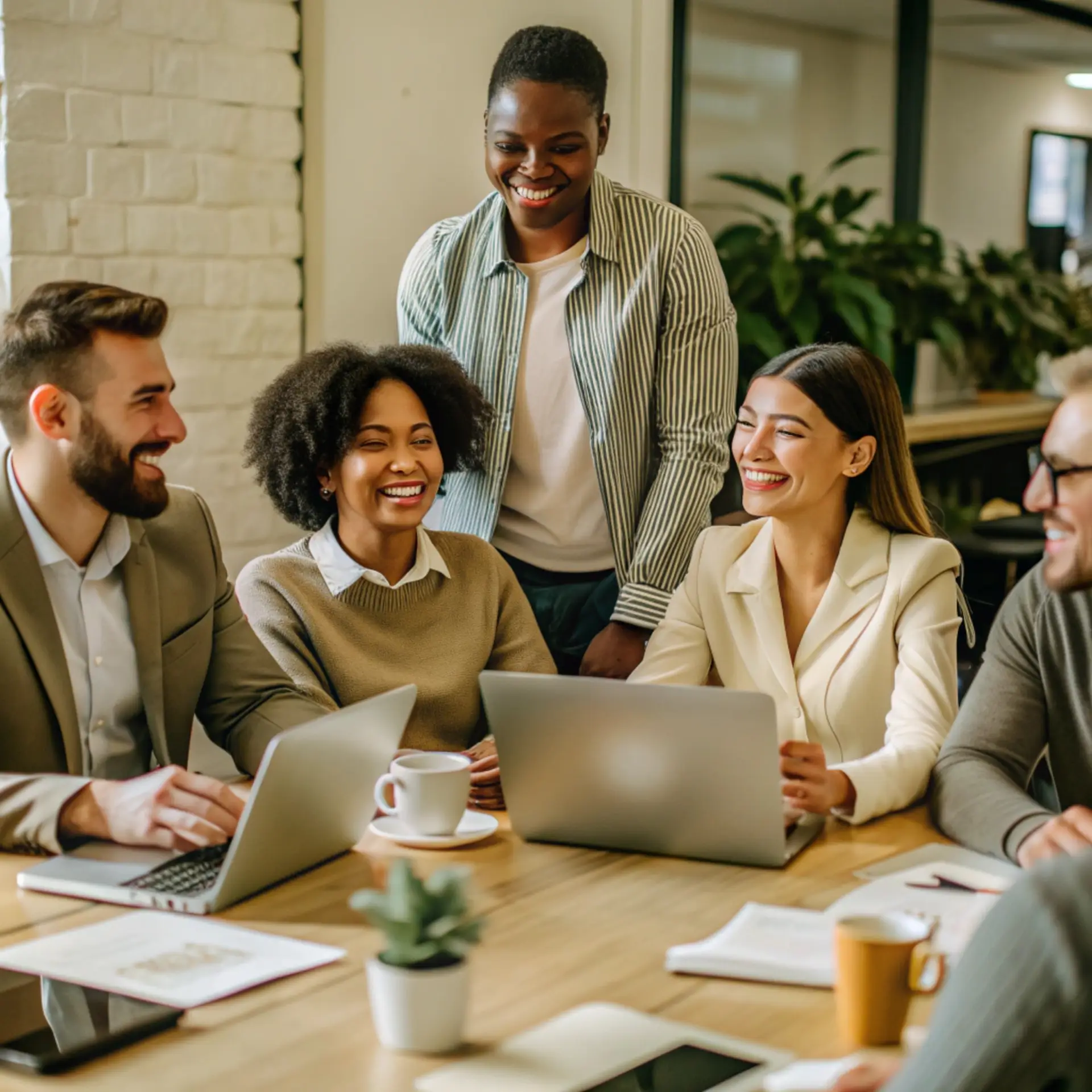 Diverse professional team collaborating happily around a table with laptops and coffee, exemplifying corporate teamwork and employee engagement in a modern office setting.