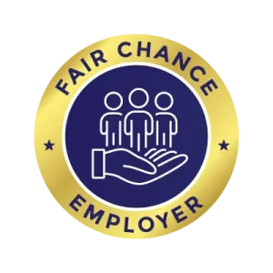 "Fair Chance Employer gold badge with icon of hand supporting three people, symbolizing socially responsible hiring and inclusive corporate swag practices."