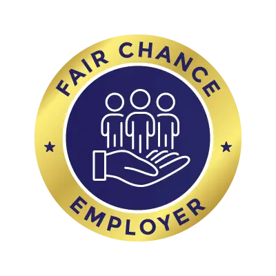 "Fair Chance Employer gold badge with icon of hand supporting three people, symbolizing socially responsible hiring and inclusive corporate swag practices."