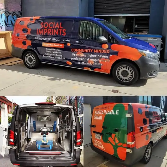 SEO-optimized alt text:
"Social Imprints branded vans showcasing sustainable swag delivery and live screen printing equipment for corporate swag, promotional products, and custom employee gifts in San Francisco."