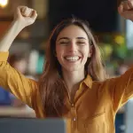 Smiling woman celebrating success at work, representing employee engagement and corporate gifting solutions by top swag company.
