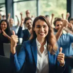 Smiling professional woman giving thumbs up at corporate event with enthusiastic team, showcasing employee engagement and corporate swag success.