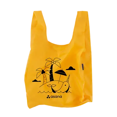 Yellow reusable tote bag with custom black Asana logo and tropical island design, eco-friendly promotional product ideal for corporate swag, sustainable giveaway item, and branded event merchandise.