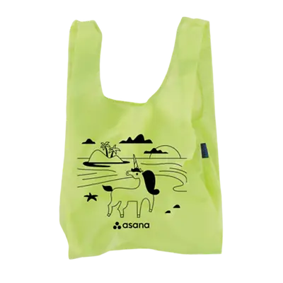 Eco-friendly custom reusable tote bag with Asana logo and playful unicorn design, ideal promotional giveaway for corporate events and sustainable swag solutions.