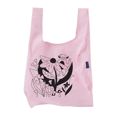 Pink reusable tote bag with custom black floral and abstract design, eco-friendly promotional product ideal for sustainable swag and corporate giveaways.