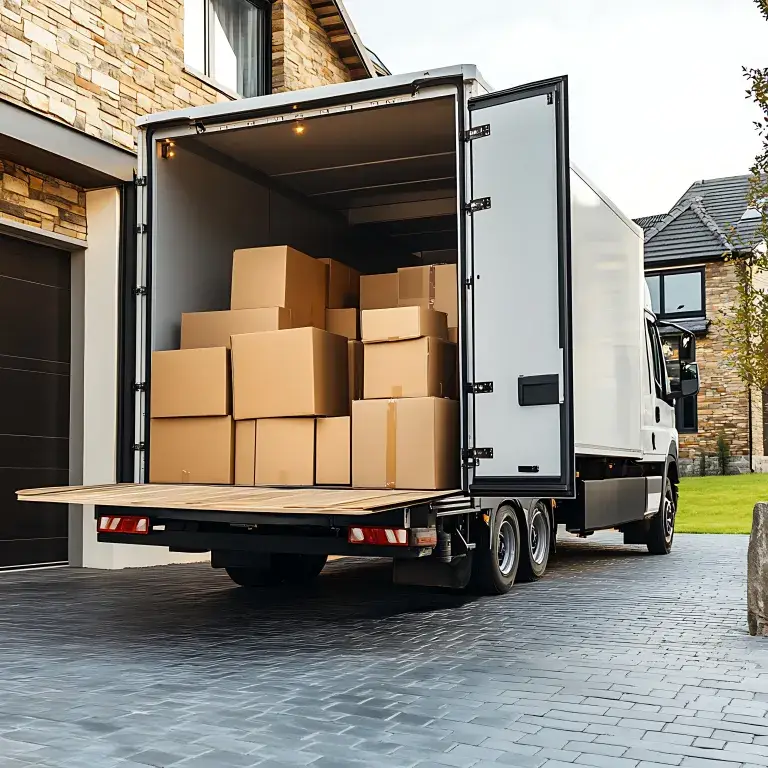 Open delivery truck loaded with stacked cardboard boxes for corporate swag fulfillment and promotional product distribution services.