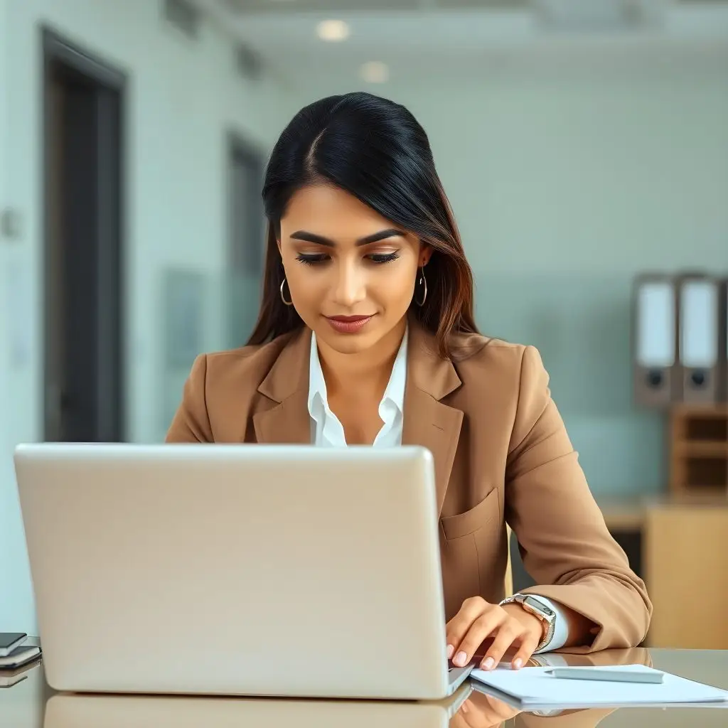 Professional businesswoman working on laptop in modern office, representing corporate swag vendors and custom company store services for employee gifts and promotional products.