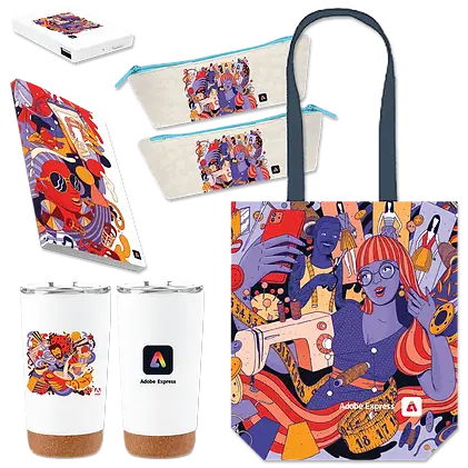 Custom branded promotional products including tote bags, travel pouches, and insulated drinkware featuring vibrant, illustrated designs for corporate swag and event giveaways by a top San Francisco swag company.