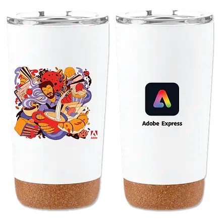 Custom branded Adobe Express insulated tumblers with cork base, ideal promotional products for corporate swag, sustainable giveaway items, and employee gifts.