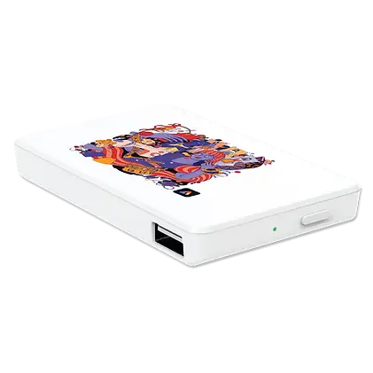 Custom branded portable power bank with vibrant artwork, ideal promotional giveaway item for corporate events and sustainable swag solutions.