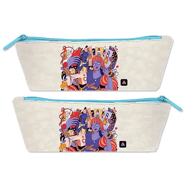 Custom promotional zippered pouches with vibrant, artistic branding, ideal for corporate swag, event giveaways, and sustainable promotional products.
