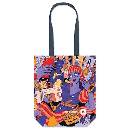 SEO-optimized alt text:Colorful custom printed tote bag featuring vibrant illustrated design, ideal promotional product and giveaway item for corporate events, trade shows, and sustainable swag collections by top swag companies.