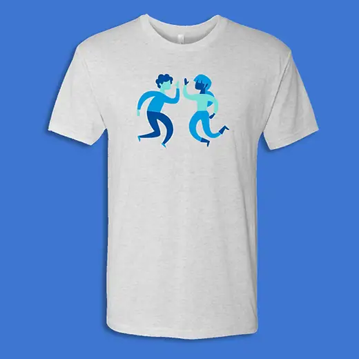 Custom printed light gray promotional t-shirt featuring a blue graphic of two people high-fiving, ideal corporate swag for employee engagement and event giveaways.