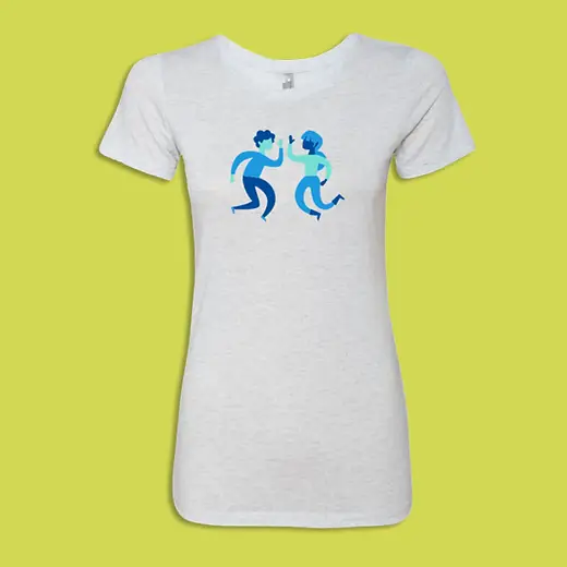 Women's custom branded white t-shirt with blue graphic design, ideal for corporate swag, promotional products, and employee gifts from a top swag company.