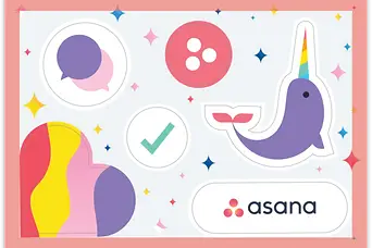 Custom branded Asana promotional stickers featuring colorful icons and logos, perfect for corporate swag, event giveaways, and employee recognition gifts.