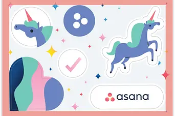 Custom branded Asana unicorn and logo stickers, showcasing unique promotional products and corporate swag for employee engagement and event giveaways.