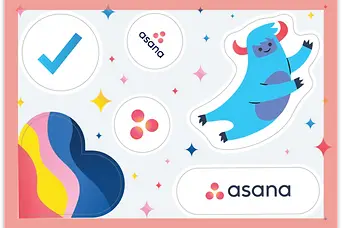 Custom branded Asana promotional stickers featuring colorful designs, perfect for corporate swag, event giveaways, and personalized company merchandise.