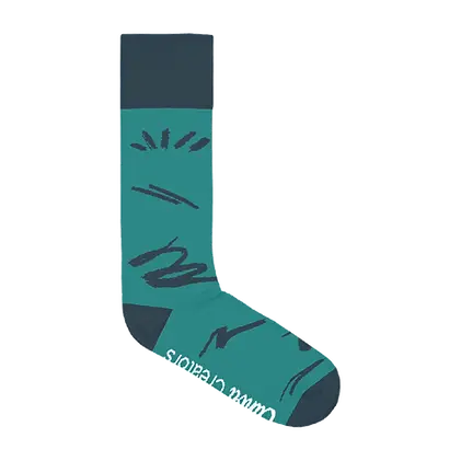 Custom teal and navy branded promotional sock with abstract design, ideal for corporate swag, employee gifts, and sustainable giveaway items.