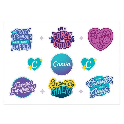 Colorful custom promotional stickers with motivational and positive messages, ideal for corporate swag, employee gifts, and event giveaways by a top San Francisco swag company.