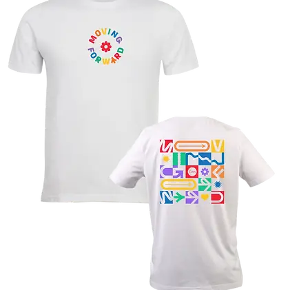 White custom printed t-shirts featuring colorful "Moving Forward" design on front and vibrant geometric artwork on back, ideal promotional swag for corporate events and employee gifts.