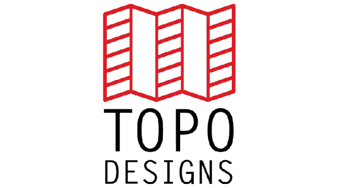 "Topo Designs logo featuring red geometric mountain-inspired icon with bold black text, representing a leading brand in custom promotional products and corporate swag."