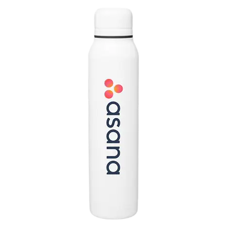 White custom branded promotional water bottle with colorful "asana" logo, ideal for corporate swag, sustainable giveaways, and employee gifts.