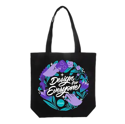 Black custom promotional tote bag with colorful "Design for Everyone" graphic, eco-friendly swag item ideal for corporate events, giveaways, and sustainable branded merchandise.