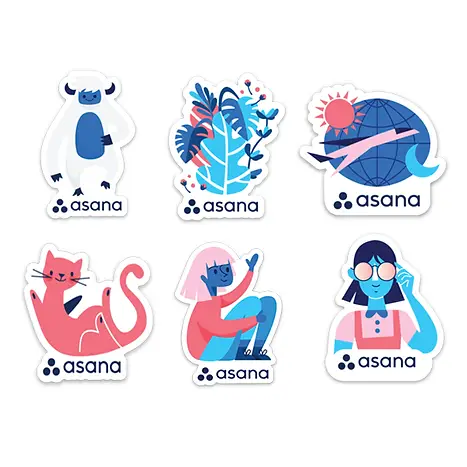 Custom branded Asana promotional stickers featuring colorful character designs, ideal giveaway items for events and corporate swag collections.