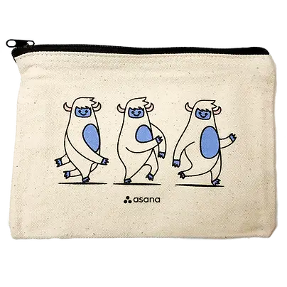 Canvas zipper pouch featuring custom printed dancing yeti mascots and Asana logo, ideal promotional giveaway item for corporate events and branded swag.