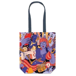 Custom printed promotional tote bag featuring vibrant, illustrated design, ideal as sustainable swag item for events and corporate giveaways by top swag company.