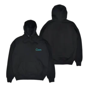 Black custom printed hoodies with front kangaroo pocket and branded "Canva" logo, ideal corporate swag for employee gifts, promotional apparel, and company swag stores.