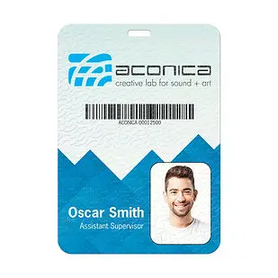 ID badge for Oscar Smith, Assistant Supervisor at Aconica, featuring custom printed employee identification with company branding and photo, ideal for corporate events and employee recognition.