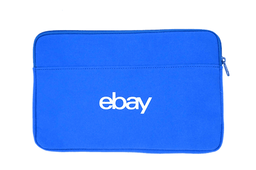 Blue custom branded eBay laptop sleeve, promotional product for corporate swag and giveaway items for events by top San Francisco swag company.