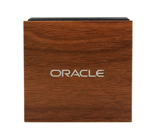 Wooden custom branded corporate gift box with Oracle logo, premium promotional packaging for employee gifts and corporate swag by top swag company.