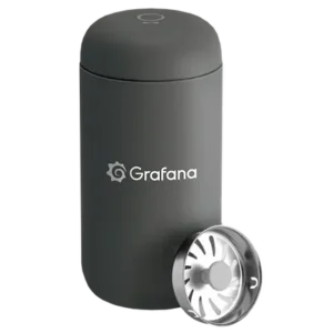 Matte black insulated Grafana tumbler with stainless steel lid, ideal for sustainable corporate gifts and employee drinkware