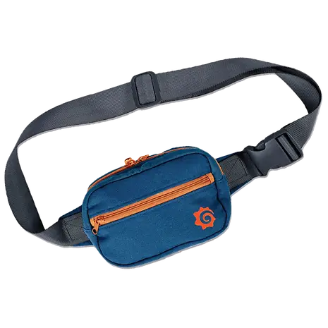 Custom branded Grafana fanny pack with orange zipper and adjustable strap for employee swag or event giveaways