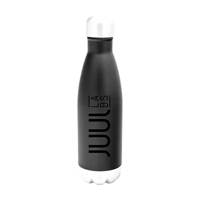 Black custom branded stainless steel water bottle with white cap, personalized promotional product ideal for corporate swag, sustainable giveaways, and employee gifts.