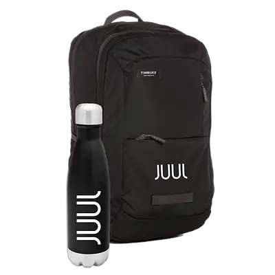 Black custom branded backpack and matching insulated water bottle with white JUUL logo, ideal promotional swag items for corporate events, employee gifts, and sustainable giveaway products.