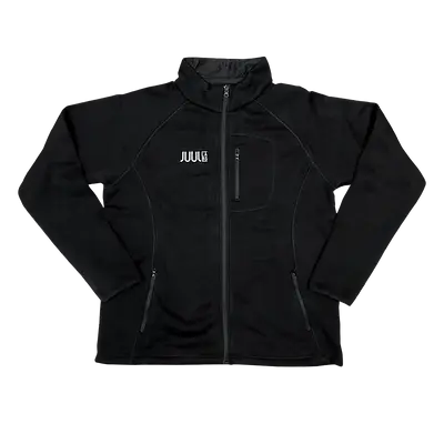 Black custom branded zip-up jacket with JUUL logo, ideal corporate swag for employee gifts, promotional apparel, and company swag stores.