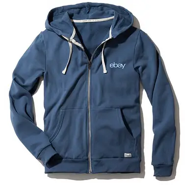 Blue custom zip-up hoodie with eBay logo, personalized corporate apparel ideal for employee swag, branded company merchandise, and promotional products for events.